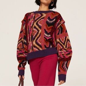 FARM RIO Boho Wool Multicolor Striped Patchwork
Knit Sweater Size XS